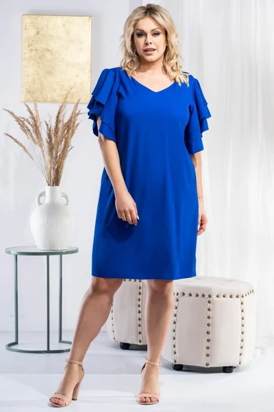 Královsky modré dámské plus size šaty s volánky na rukávech Karko