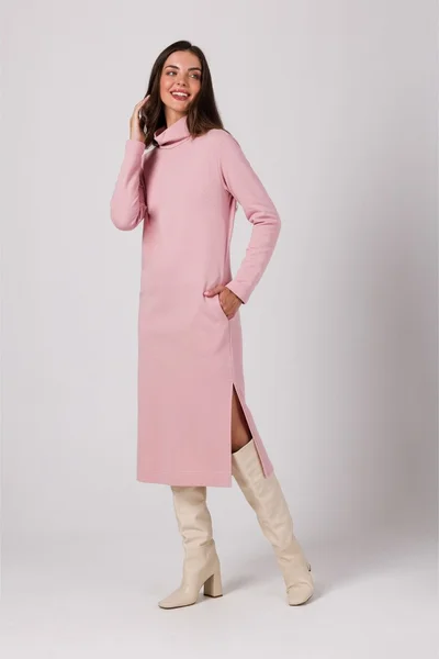 Midi růžové úpletové šaty s dlouhým rukávem BeWear