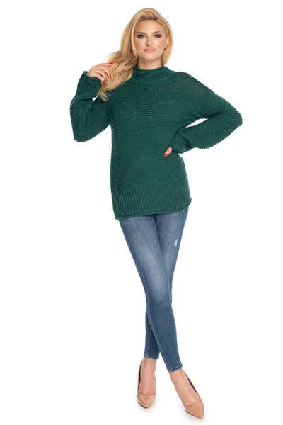 Tmavě zelený elegantní dámský pulovr se stojáčkem PeeKaBoo