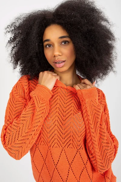 Poloprůsvitný dámský oranžový svetr s kapucí FPrice