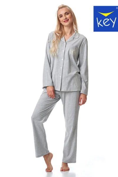 Světle šedé dámské pyžamo s propínací blůzou Key