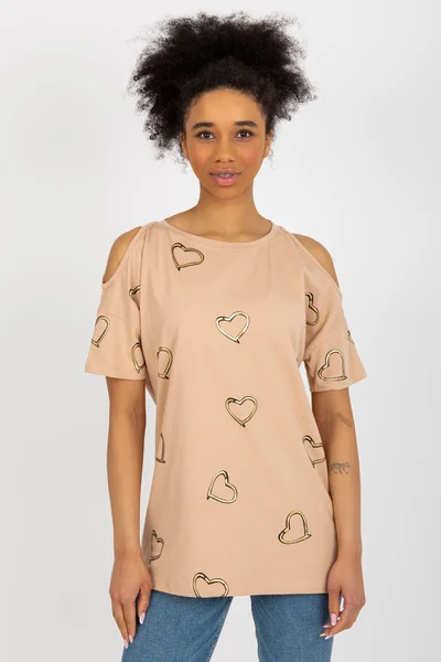 Béžové dámské tričko se srdíčky FPrice