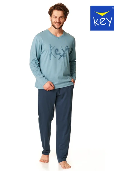 Pánské bavlněné pyžamo s dlouhými kalhotami Key modré