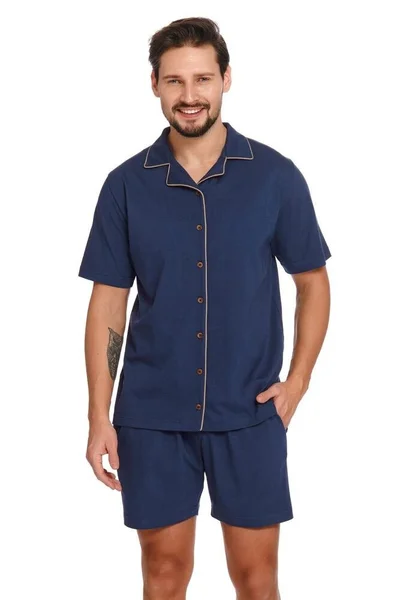 Tmavě modré krátké pánské pyžamo s propínací blůzou dn-nightwear