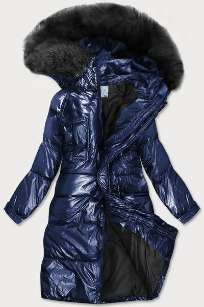 Tmavě modrý dámský dlouhý metalický kabát s kapucí K.ZELL