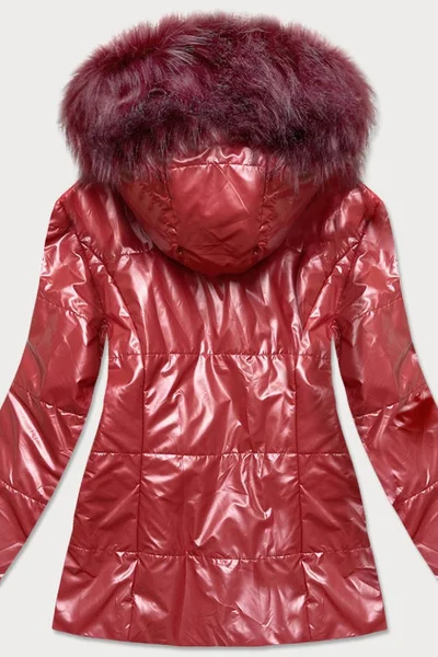 Metalická červená dámská krátká bunda s kožíškem Fashionable