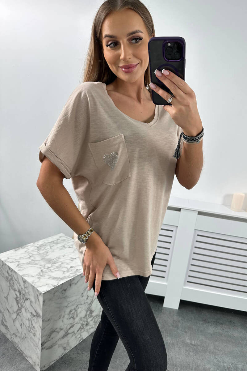 Světle béžové dámské volné tričko V-neck Kesi, UNI i646_2320382