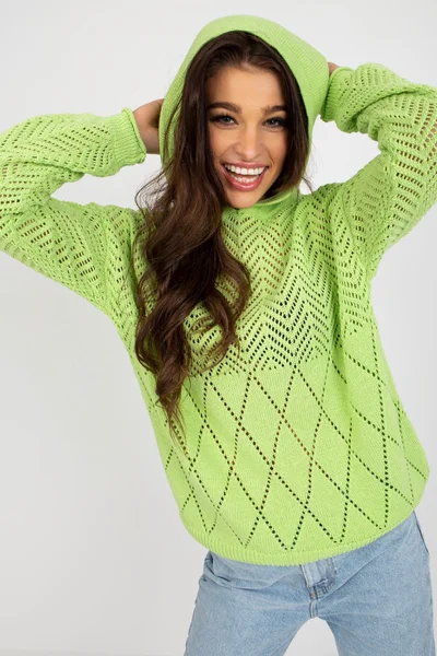 Světle zelený děrovaný dámský svetr s kapucí univerzální velikost FPrice