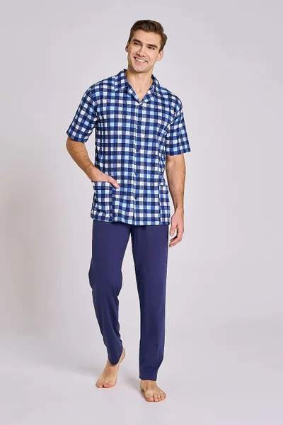 Plus size modré pánské pyžamo s košilí s krátkým rukávem Taro