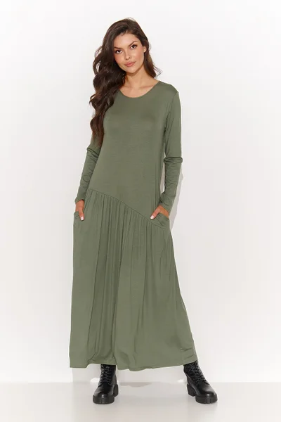 Olivově zelené dámské dlouhé šaty Numinou