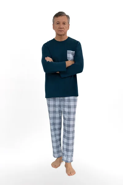 Modré kostkované pánské pyžamo s dlouhými kalhotami MARTEL