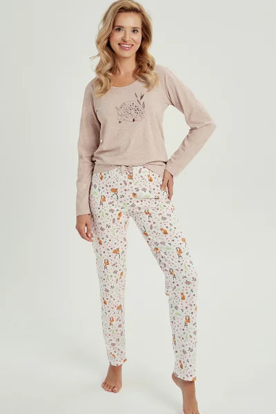 Světě béžové vzorované dámské pyžamo s dlouhými kalhotami Taro