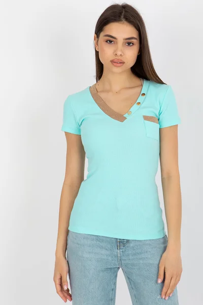 Dámské přiléhavé tričko v mentolové barvě V-neck FPrice