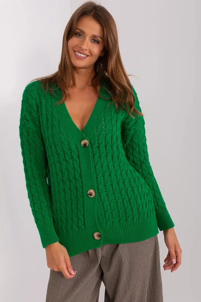 Zelený propínací svetr FPrice s copánkovým vzorem
