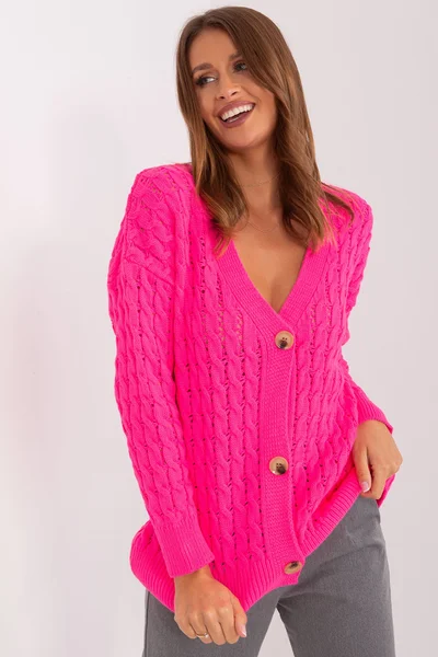 Neon růžový volný V-neck svetr s knoflíky FPrice