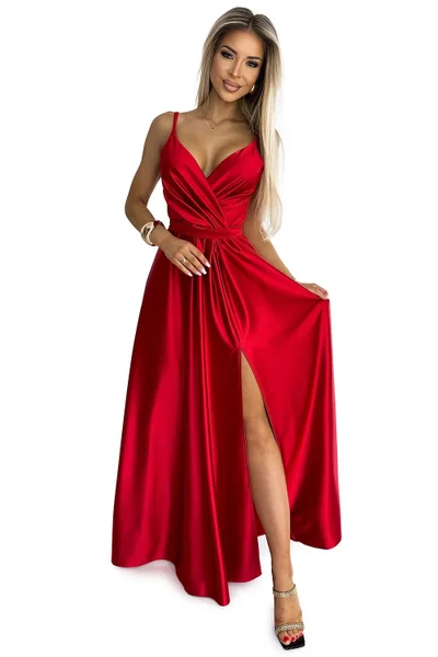 Elegantní červené saténové dámské šaty s rozparkem Numoco