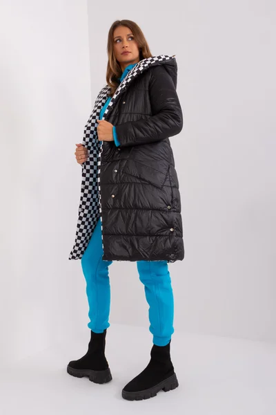 Moderní černý-kostkovaný oboustranný dámský kabát FPrice