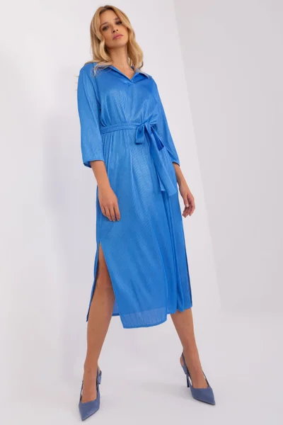 Pohodlné splývavé dámské modré midi šaty Lakerta