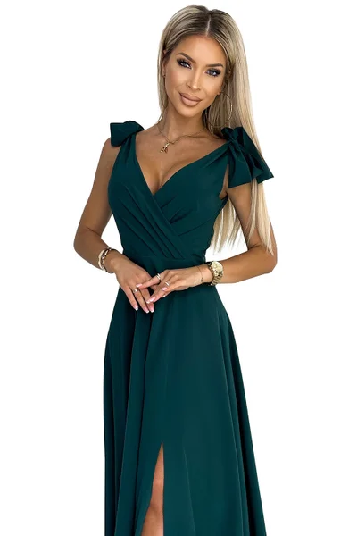 Elegantní společenské dlouhé tmavě zelené dámské šaty Numoco