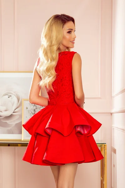 Exkluzivní červené šaty s krajkovým výstřihem E807 Numoco