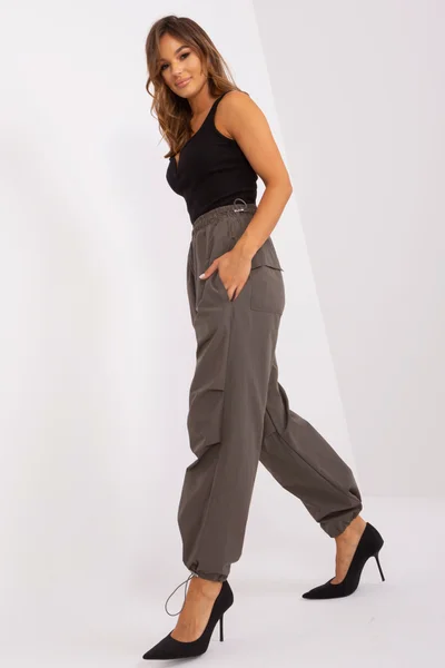 Khaki široké dámské kalhoty se zúžením u kotníků FPrice