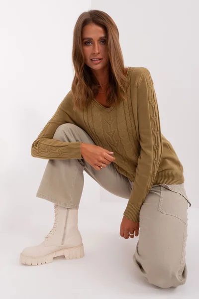 Dámský khaki V-neck pulovr FPrice