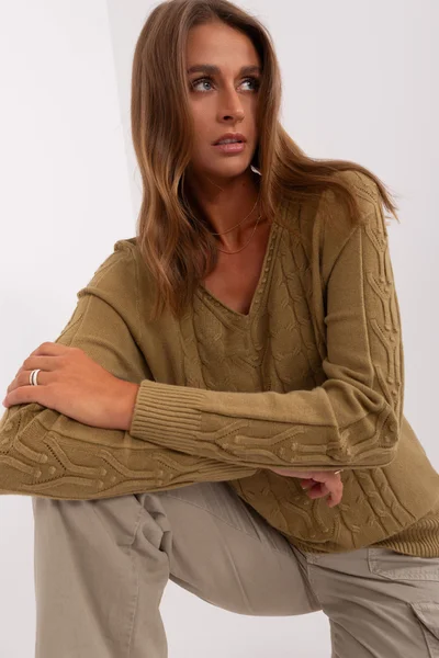 Dámský khaki V-neck pulovr FPrice