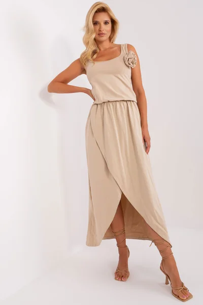 Letní béžové dámské šaty s překládanou sukní FPrice