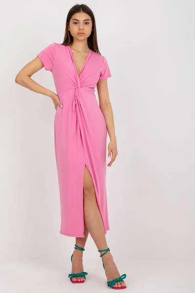 Světle růžové dámské midi šaty twist FPrice