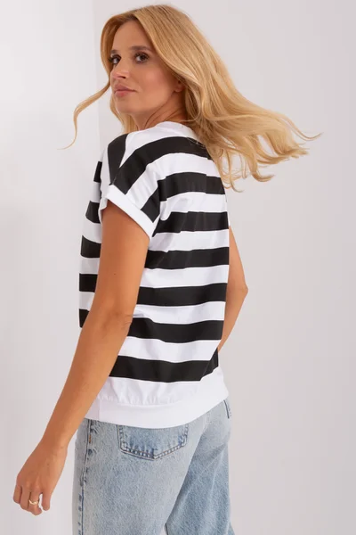 Černo-bílé dámské pruhované tričko FPrice V-neck