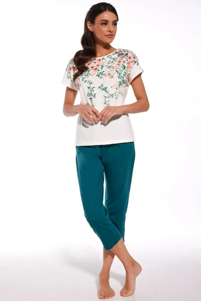 Zeleno-bílé dámské pyžamo s 3/4 kalhotami Cornette
