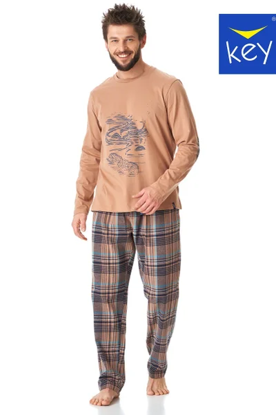 Béžové pánské pyžamo s kostkovanými kalhotami Key