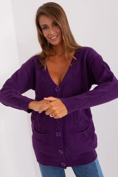 Tmavě fialový propínací dámský V-neck svetr