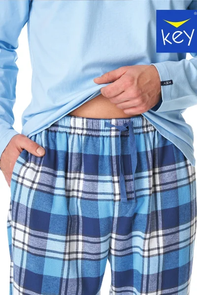 Světle modré pánské pyžamo s kostkovanými kalhotami Key