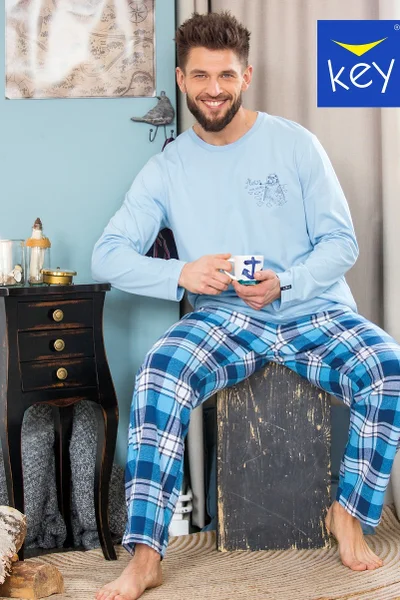 Světle modré pánské pyžamo s kostkovanými kalhotami Key