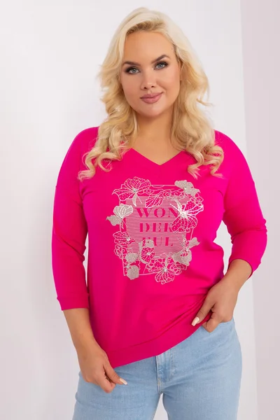 Tmavě růžové dámské V-neck tričko s 3/4 rukávem FPrice