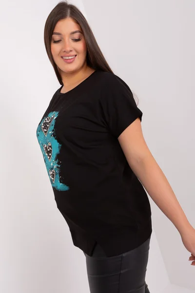 Pohodlné dámské tričko FPrice tyrkysovo-černé s potiskem