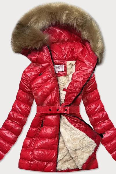 Červená metalická dámská prošívaná bunda s béžovým kožíškem MHM