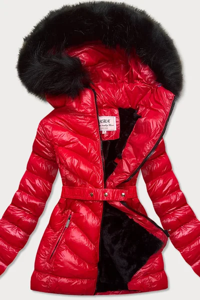 Metalický lesklý prošívaný dámský kabát s páskem MHM červený