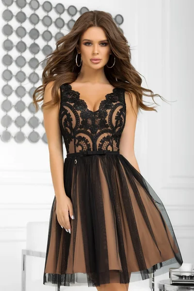 Hnědo-černé šaty s rozšířenou sukní ke kolenům Bicotone