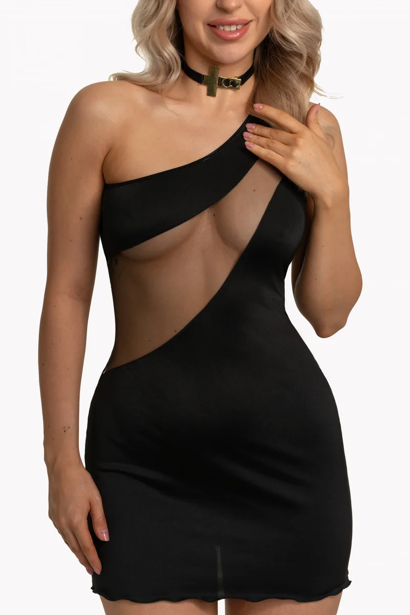 Sexy černé mini šaty se vsadkami ze síťoviny Anais