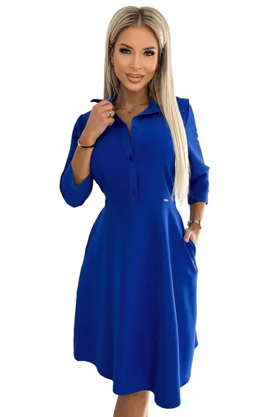 Královsky modré košilové šaty s 3/4 rukávem Numoco