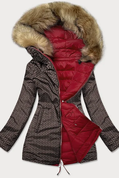 Vínový-vzorovaný dámský oboustranný kabátek s kapucí MHM
