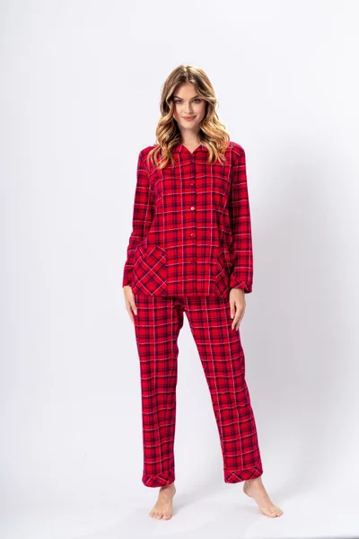 Červené kárované dámské dlouhé pyžamo s propínací košilí M-Max