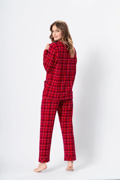 Červené kárované dámské dlouhé pyžamo s propínací košilí M-Max
