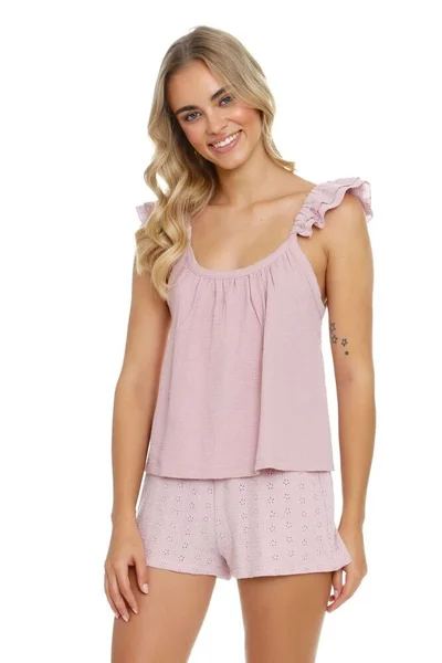 Světle růžové bavlněné pyžamo s volánky na ramenech dn-nightwear