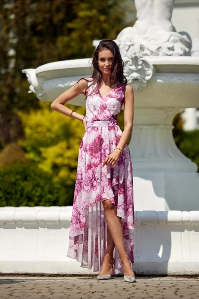 Růžové asymetrické šifonové šaty s květinovým potiskem Roco Fashion