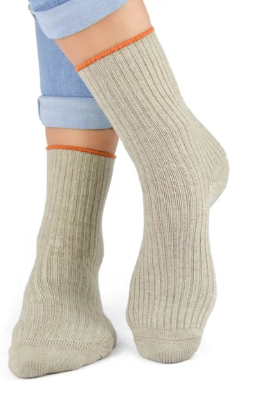 Béžové žebrované dámské vysoké ponožky Noviti