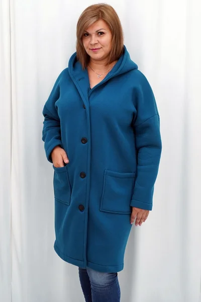 Stylový dámský hřejivý modrý kabát Karko pro plnoštíhlé