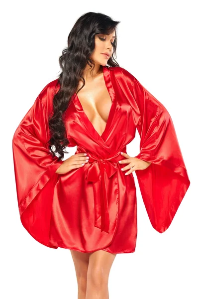 Erotický červený dámský saténový župan s maxi rukávy Beauty Night Fashion